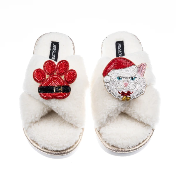 Laines London Laines Boucle Slippers With Christmas White Persian Cat & Paw Brooches