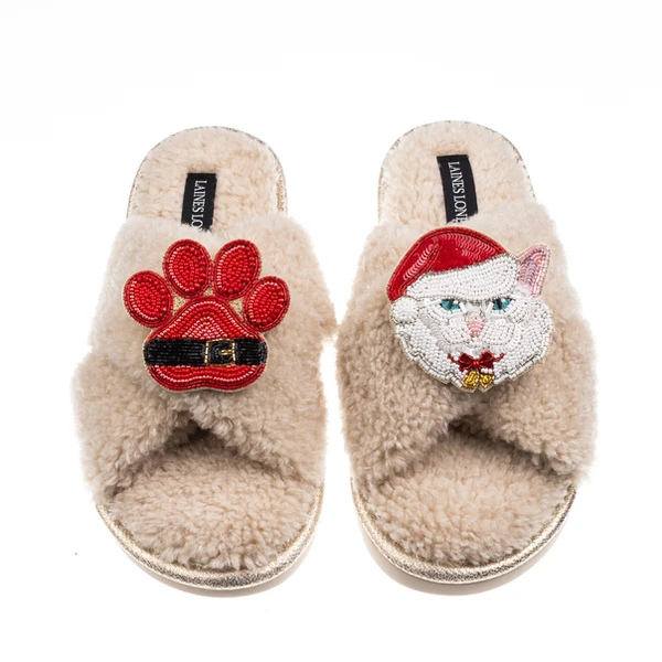 Laines London Laines Boucle Slippers With Christmas White Persian Cat & Paw Brooches