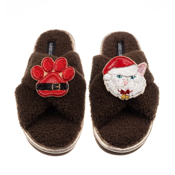 Laines London Laines Boucle Slippers With Christmas White Persian Cat & Paw Brooches