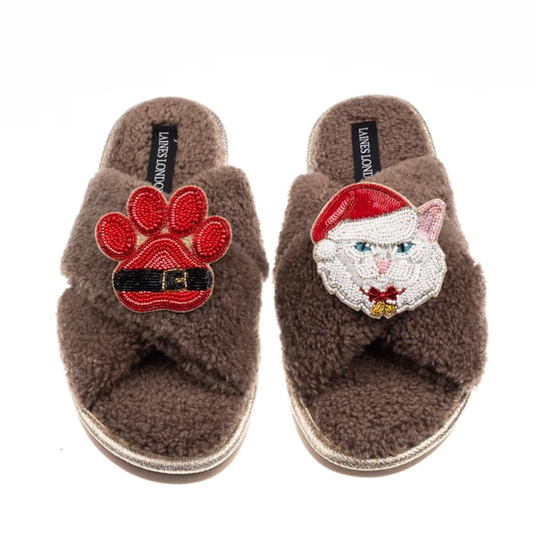laines london Laines Boucle Slippers With Christmas White Persian Cat & Paw Brooches