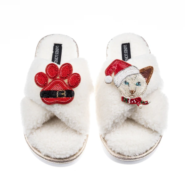 Laines London Laines Boucle Slippers With Christmas White Siamese Cat & Paw Brooches