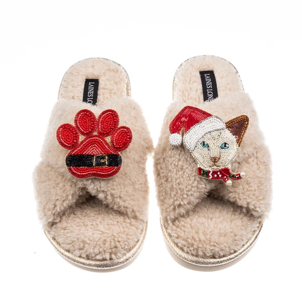 Laines London Laines Boucle Slippers With Christmas White Siamese Cat & Paw Brooches