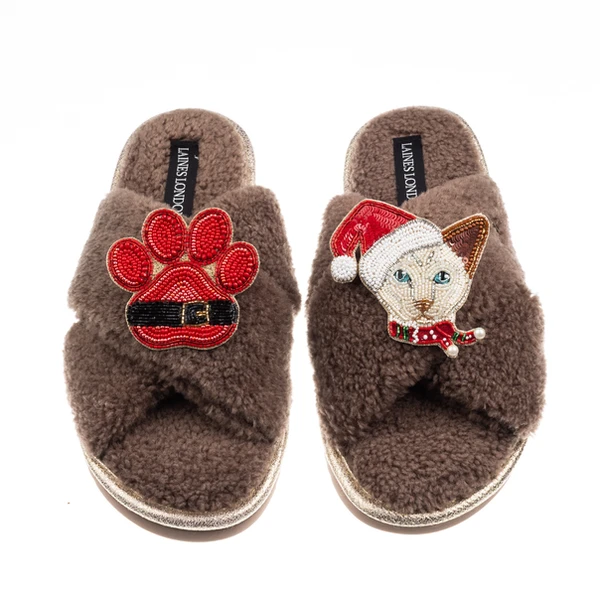 Laines London Laines Boucle Slippers With Christmas White Siamese Cat & Paw Brooches