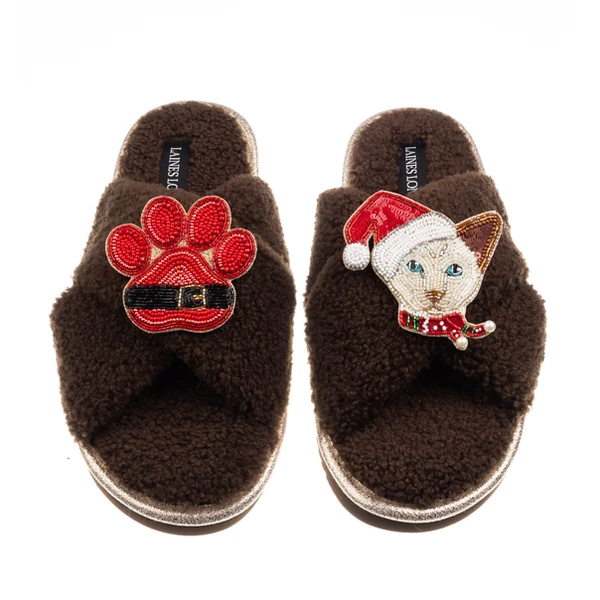 laines london Laines Boucle Slippers With Christmas White Siamese Cat & Paw Brooches