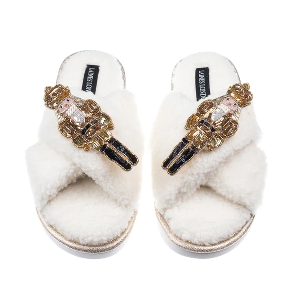 Laines London Laines Boucle Slippers With Double Gold Grand Nutcrackers Brooches