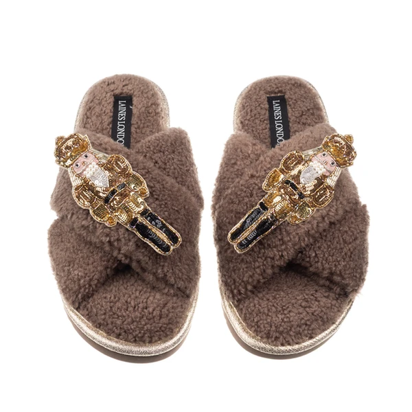 Laines London Laines Boucle Slippers With Double Gold Grand Nutcrackers Brooches