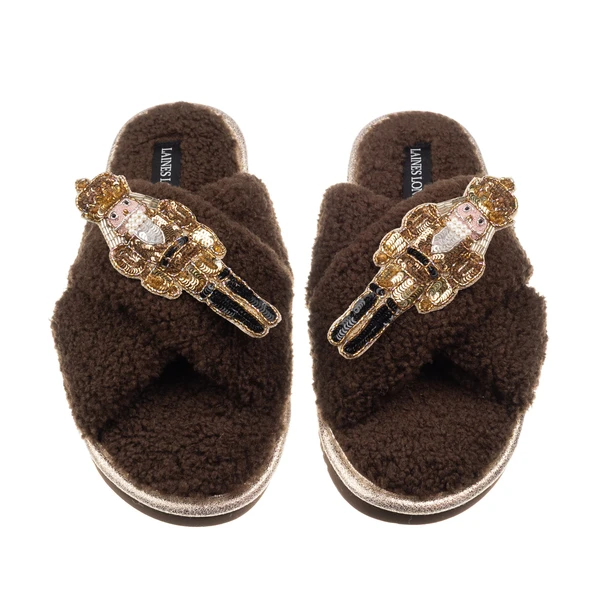 laines london Laines Boucle Slippers With Double Gold Grand Nutcrackers Brooches