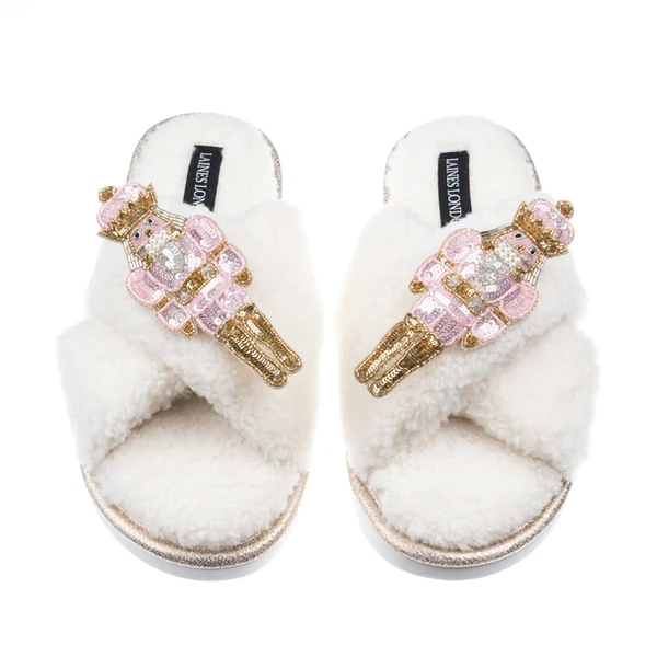 Laines London Laines Boucle Slippers With Double Pink Grand Nutcrackers Brooches