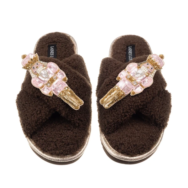 Laines London Laines Boucle Slippers With Double Pink Grand Nutcrackers Brooches