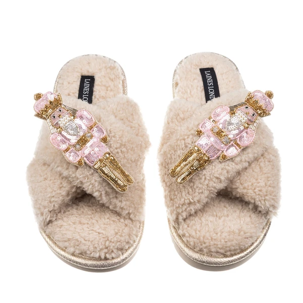 laines london Laines Boucle Slippers With Double Pink Grand Nutcrackers Brooches
