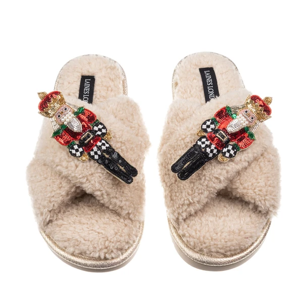 Laines London Laines Boucle Slippers With Double Red Grand Nutcrackers Brooches