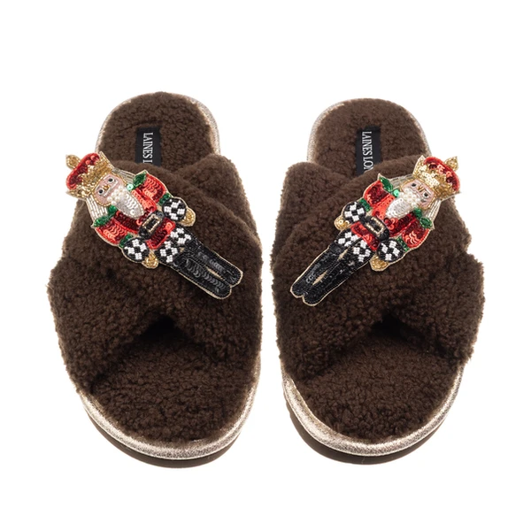 Laines London Laines Boucle Slippers With Double Red Grand Nutcrackers Brooches