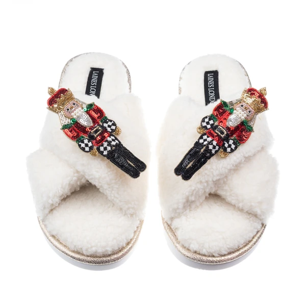 Laines London Laines Boucle Slippers With Double Red Grand Nutcrackers Brooches