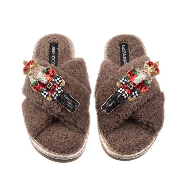 laines london Laines Boucle Slippers With Double Red Grand Nutcrackers Brooches