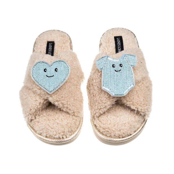 Laines London Laines Boucle Slippers With Laines Lovables Blue Love & Baby Grow Brooches
