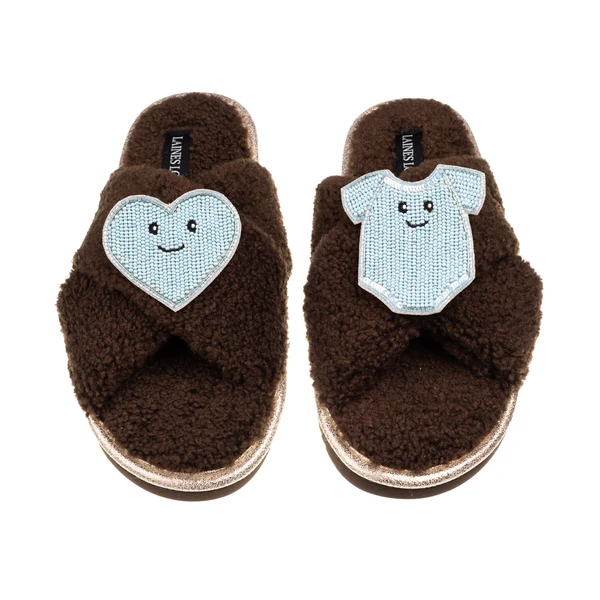 Laines London Laines Boucle Slippers With Laines Lovables Blue Love & Baby Grow Brooches