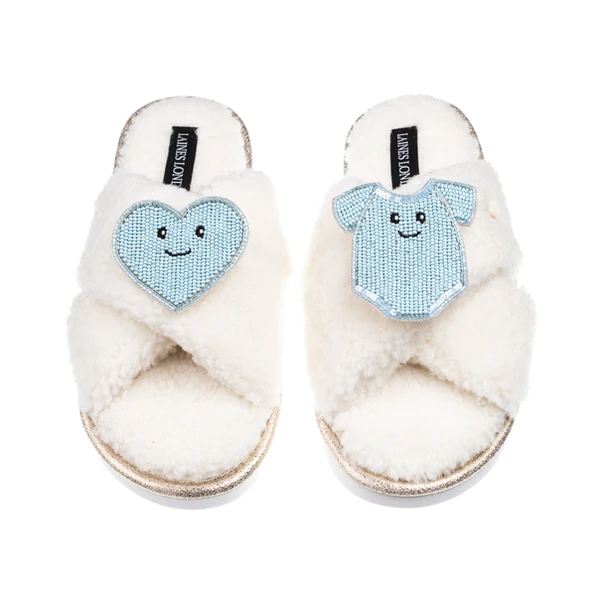Laines London Laines Boucle Slippers With Laines Lovables Blue Love & Baby Grow Brooches