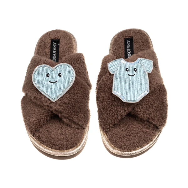 laines london Laines Boucle Slippers With Laines Lovables Blue Love & Baby Grow Brooches