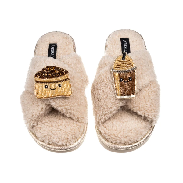 Laines London Laines Boucle Slippers With Laines Lovables Coffee Beans & Frappe Brooches