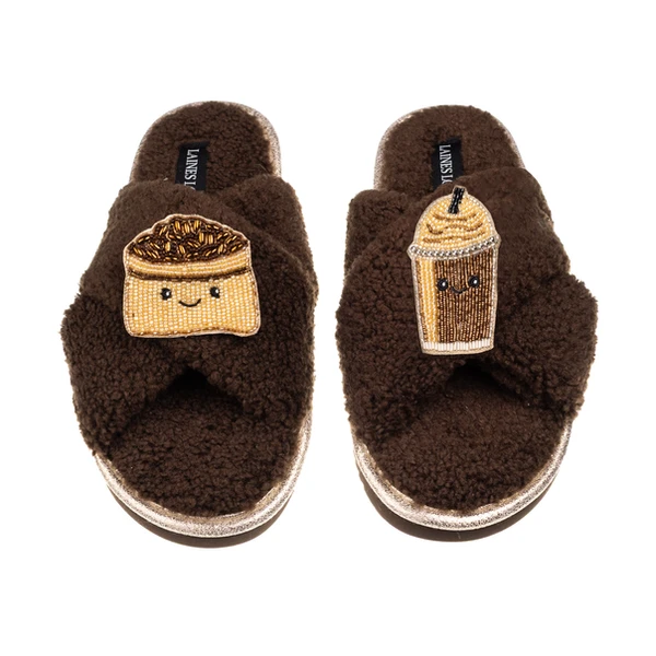 Laines London Laines Boucle Slippers With Laines Lovables Coffee Beans & Frappe Brooches