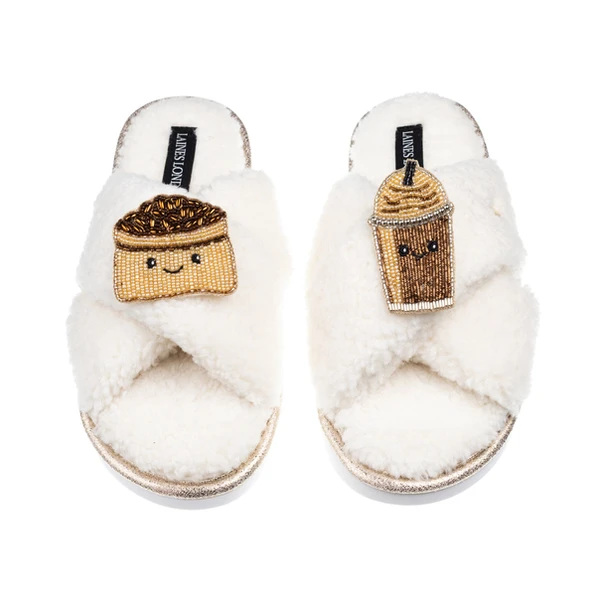 Laines London Laines Boucle Slippers With Laines Lovables Coffee Beans & Frappe Brooches