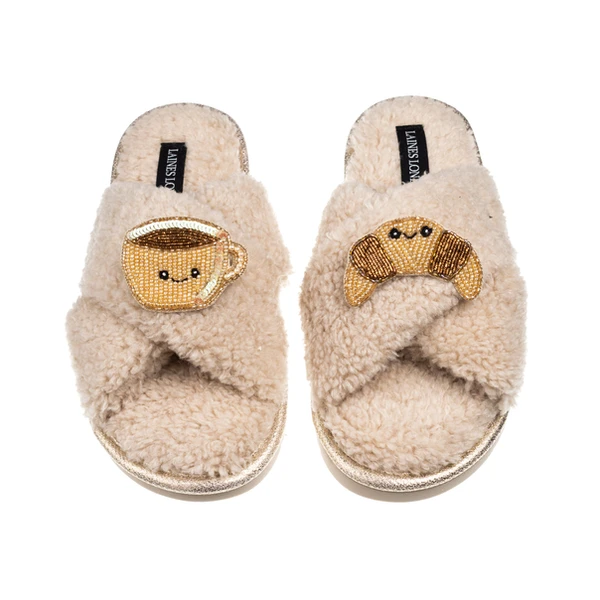 Laines London Laines Boucle Slippers With Laines Lovables Coffee & Croissant Brooches