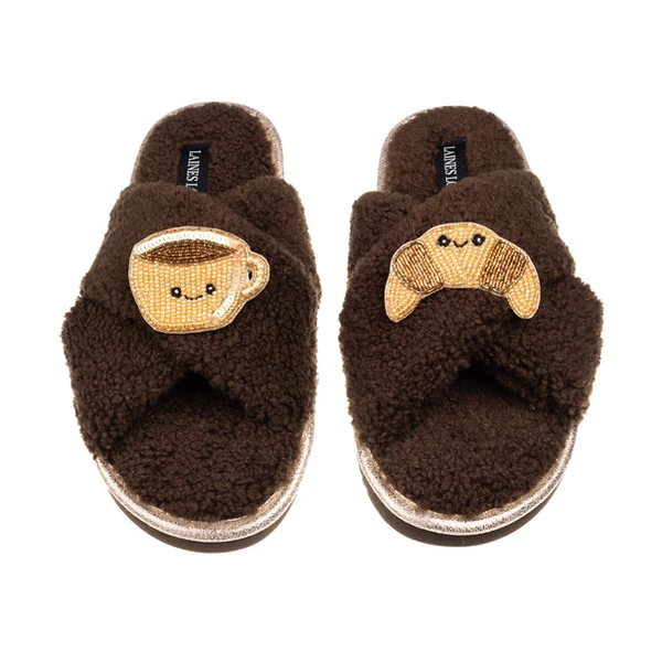 Laines London Laines Boucle Slippers With Laines Lovables Coffee & Croissant Brooches