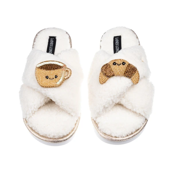 Laines London Laines Boucle Slippers With Laines Lovables Coffee & Croissant Brooches