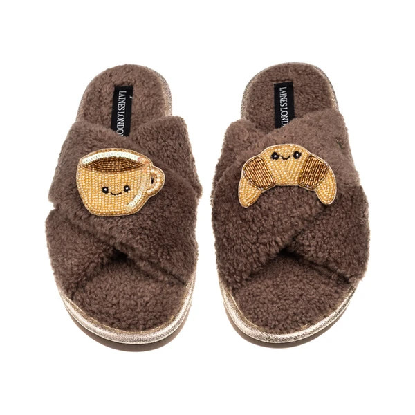 laines london Laines Boucle Slippers With Laines Lovables Coffee & Croissant Brooches