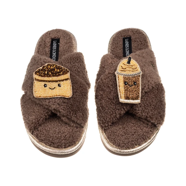 laines london Laines Boucle Slippers With Laines Lovables Coffee Beans & Frappe Brooches