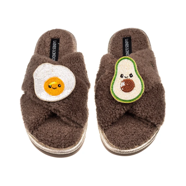 Laines London Laines Boucle Slippers With Laines Lovables Egg & Avocado Brooches
