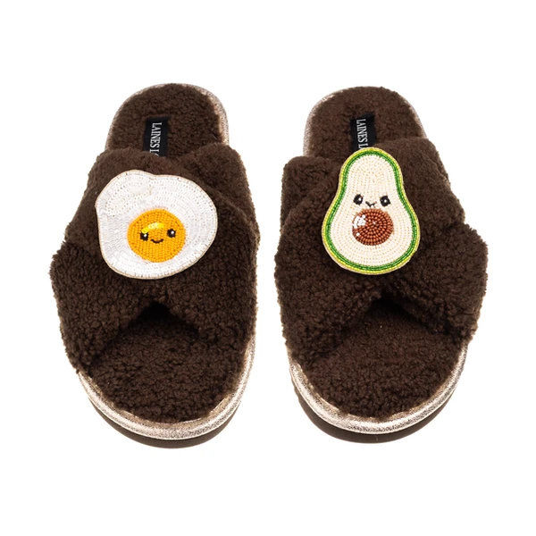 Laines London Laines Boucle Slippers With Laines Lovables Egg & Avocado Brooches