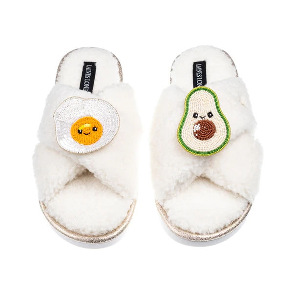 Laines London Laines Boucle Slippers With Laines Lovables Egg & Avocado Brooches
