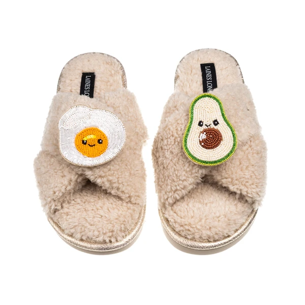 laines london Laines Boucle Slippers With Laines Lovables Egg & Avocado Brooches