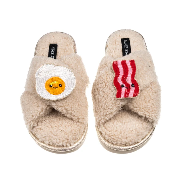 Laines London Laines Boucle Slippers With Laines Lovables Egg & Bacon Brooches