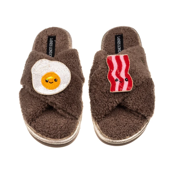 Laines London Laines Boucle Slippers With Laines Lovables Egg & Bacon Brooches