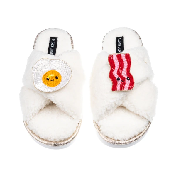 Laines London Laines Boucle Slippers With Laines Lovables Egg & Bacon Brooches