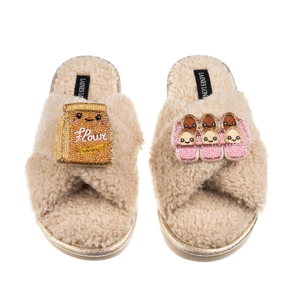 Laines London Laines Boucle Slippers With Laines Lovables Egg & Flour Brooches
