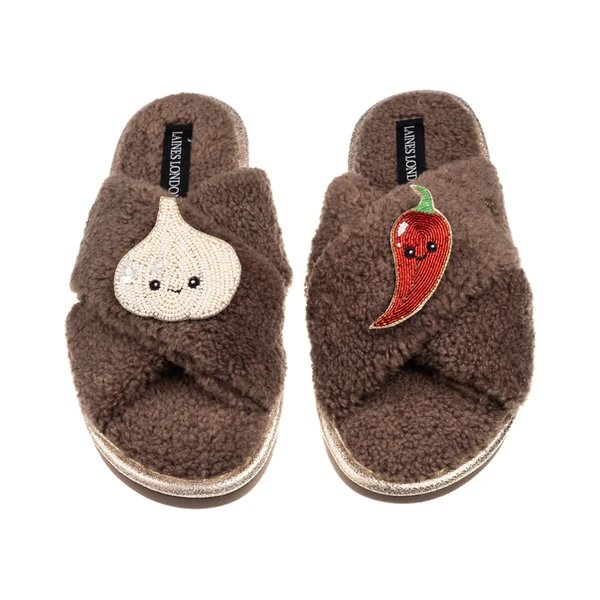 Laines London Laines Boucle Slippers With Laines Lovables Garlic & Chilli Brooches