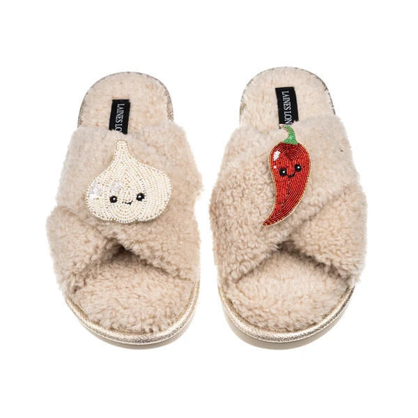 Laines London Laines Boucle Slippers With Laines Lovables Garlic & Chilli Brooches