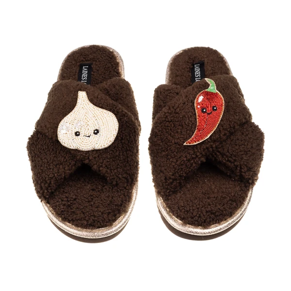 Laines London Laines Boucle Slippers With Laines Lovables Garlic & Chilli Brooches
