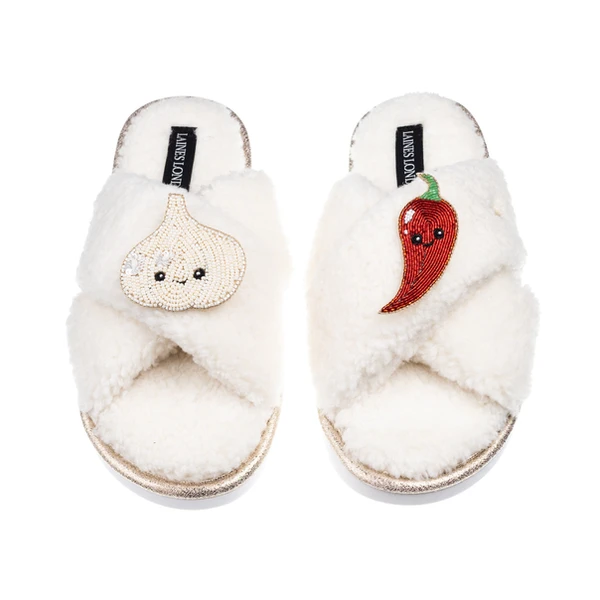 laines london Laines Boucle Slippers With Laines Lovables Garlic & Chilli Brooches