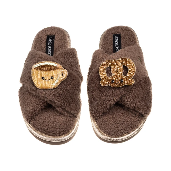 Laines London Laines Boucle Slippers With Laines Lovables Hot Chocolate & Pretzel Brooches