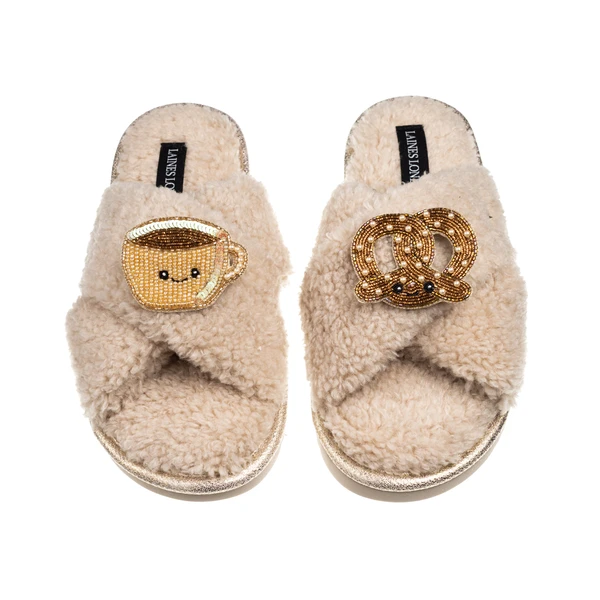 Laines London Laines Boucle Slippers With Laines Lovables Hot Chocolate & Pretzel Brooches