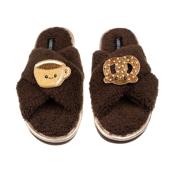 Laines London Laines Boucle Slippers With Laines Lovables Hot Chocolate & Pretzel Brooches