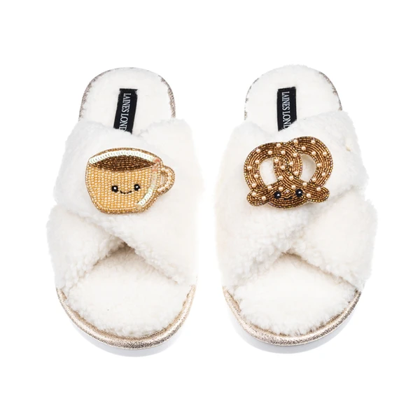 laines london Laines Boucle Slippers With Laines Lovables Hot Chocolate & Pretzel Brooches