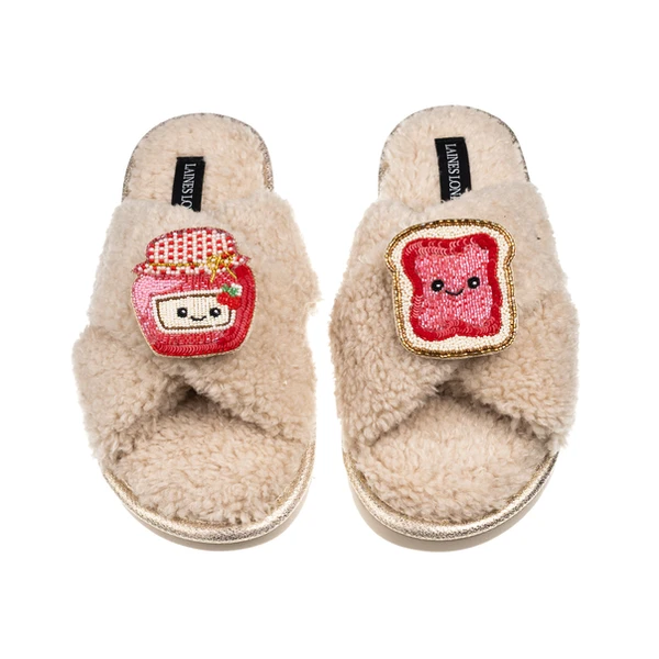Laines London Laines Boucle Slippers With Laines Lovables Jam & Toast Brooches