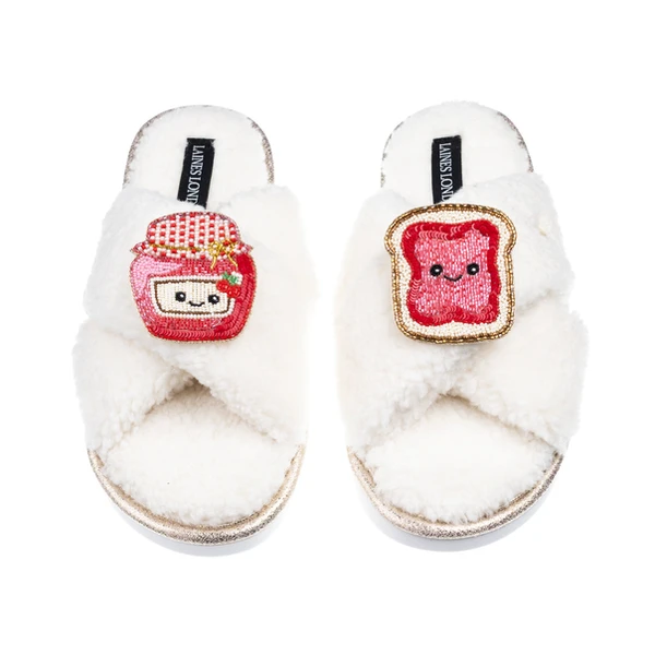 Laines London Laines Boucle Slippers With Laines Lovables Jam & Toast Brooches