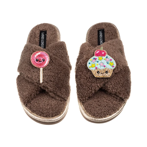 Laines London Laines Boucle Slippers With Laines Lovables Lollipop & Cupcake Brooches