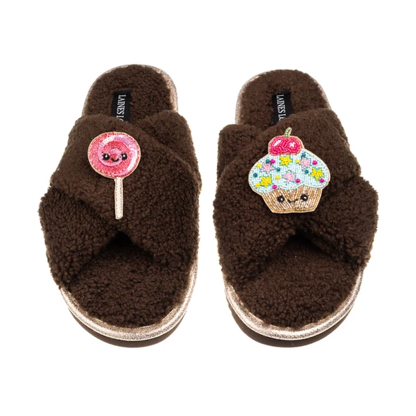 Laines London Laines Boucle Slippers With Laines Lovables Lollipop & Cupcake Brooches